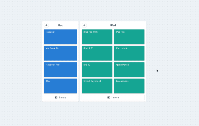 animation showing how stacks effortlessly organize sticky note cards in gridded columns and rows